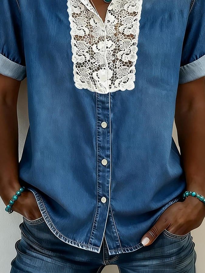 Women'S Casual V-neck Lace Patch Denim Shirt