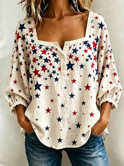 Ladies' Star Print Casual Cotton And Linen Top