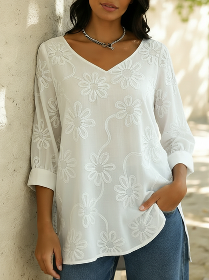 Casual Loose-fitting Floral Embroidery Cotton Shirt Blouse