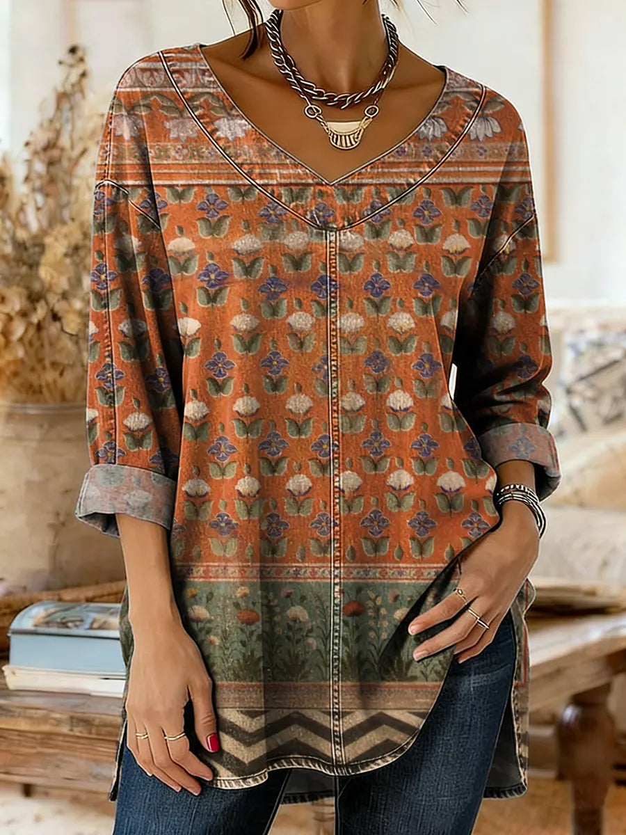 Women's Vintage Floral Print Artistic Washed Denim Cotton Shirt