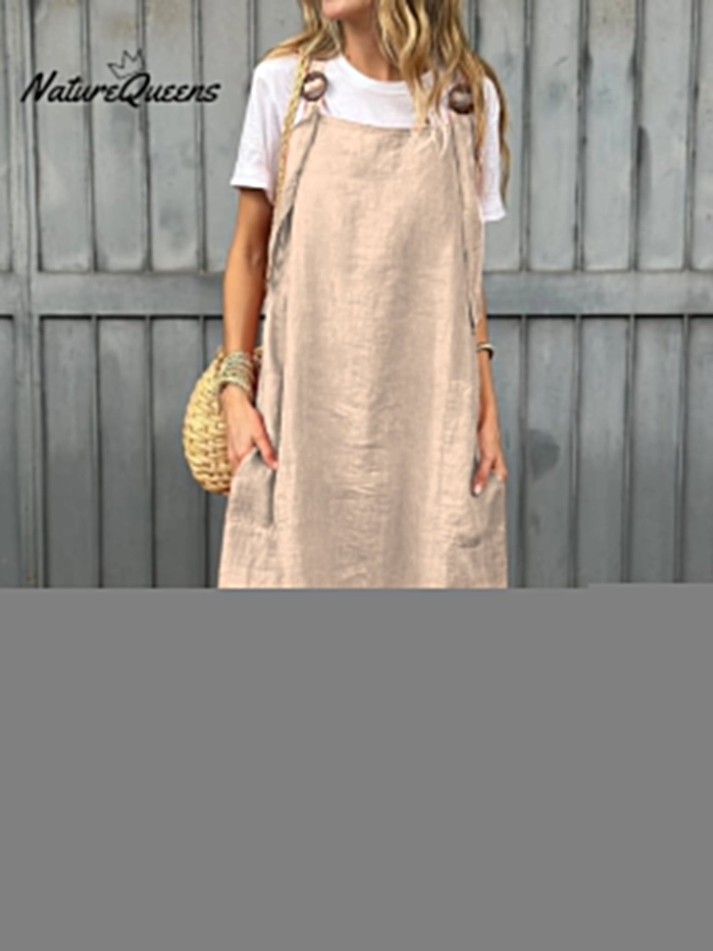Women's Adjustable Shoulder Strap Pocket Cotton and Linen Dress