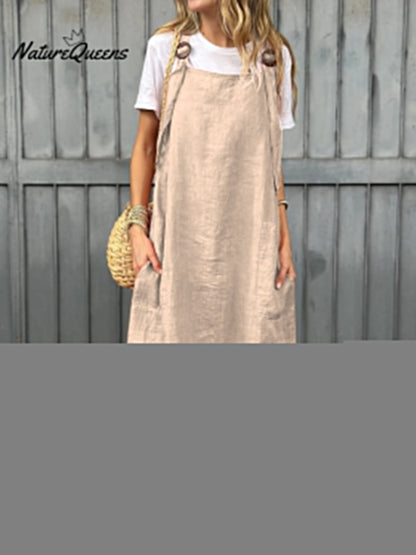 Women's Adjustable Shoulder Strap Pocket Cotton and Linen Dress