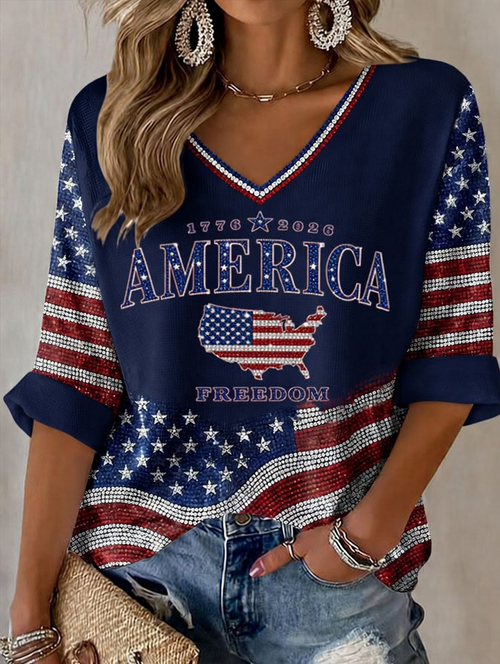 Women'S Retro Independence Day Art Printed Casual T-Shirt