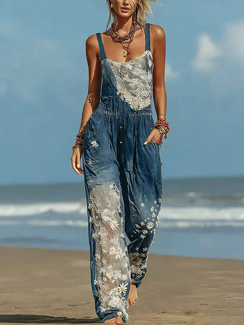 Women's Retro Boho Ethnic Daisy Lace Floral Patchwork Casual Denim Jumpsuit