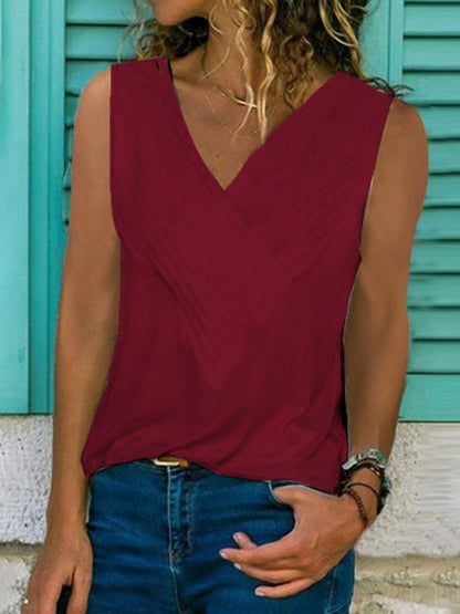 Women's Solid Color Pleated V-Neck Sleeveless Tee
