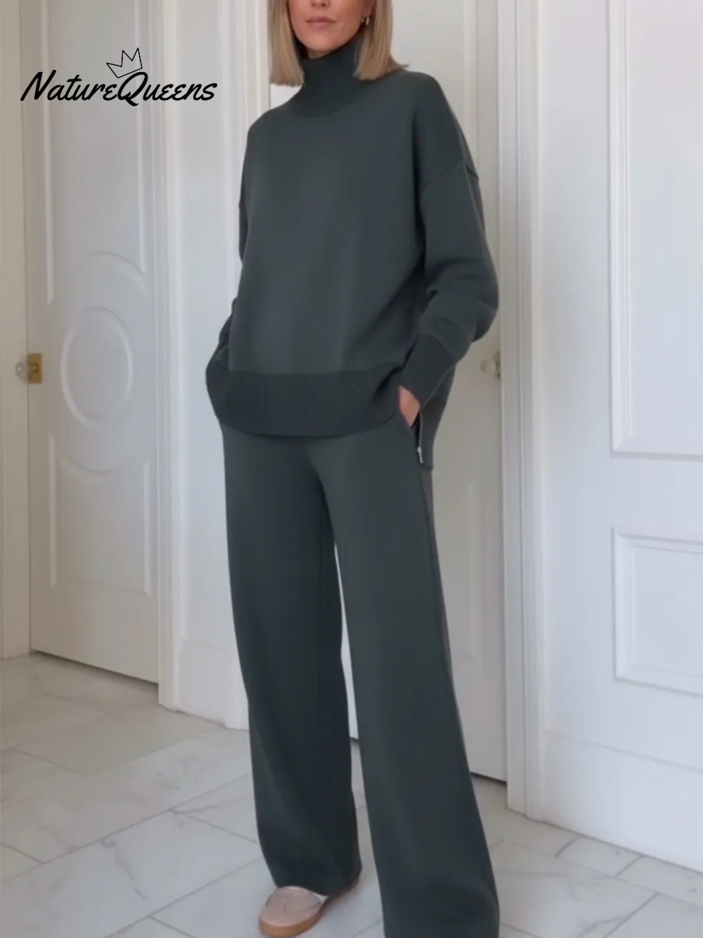 Casual Travel Stand Collar Side Zipper Top Straight Pants Two-Piece Set
