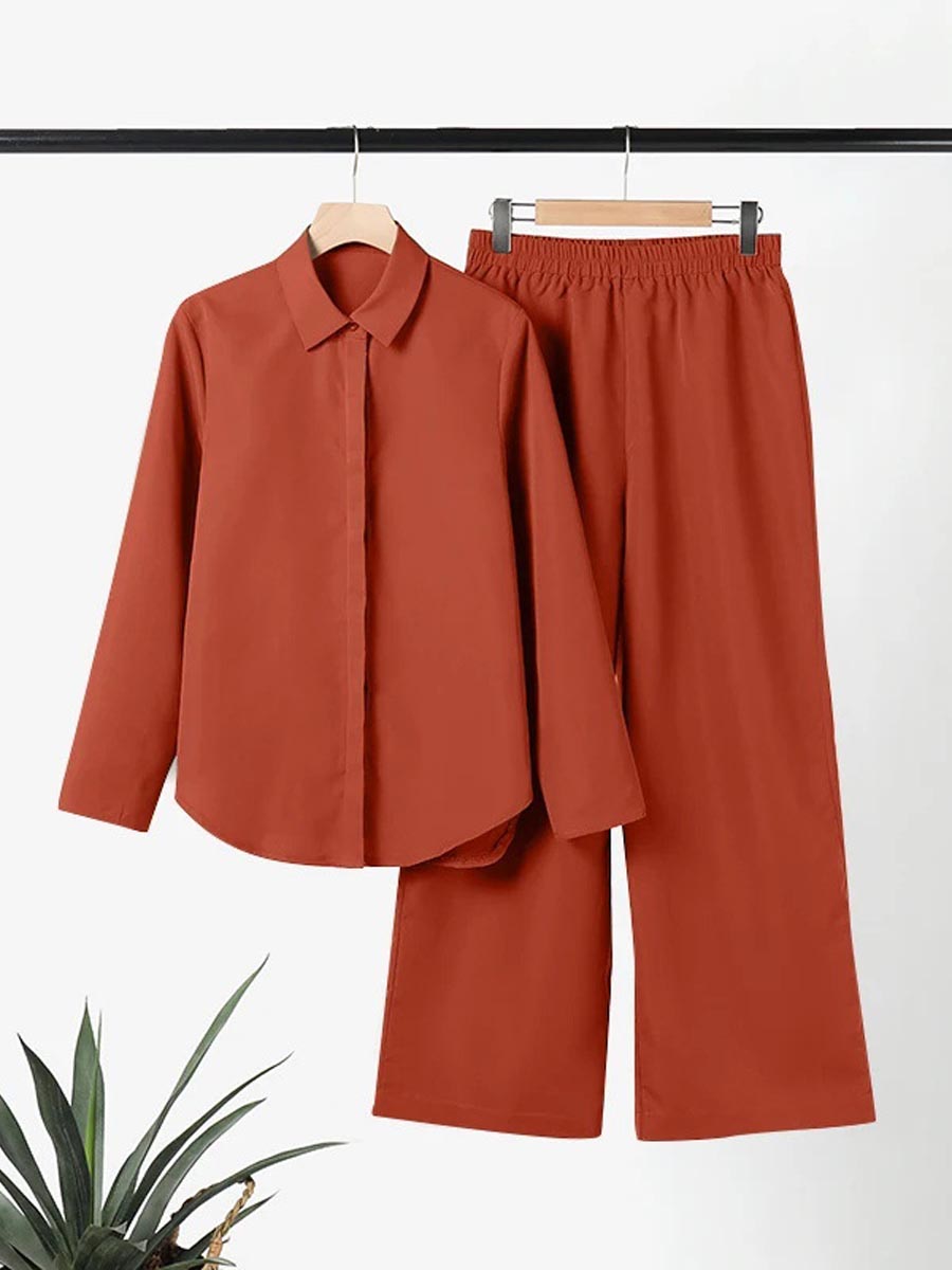 Women's Solid Color Casual Loose Long Sleeve Shirt Wide Leg Pants Two-piece Suit