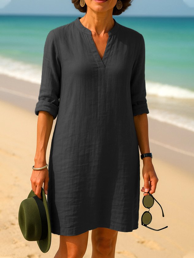 Women Plain Spring/Fall Dress V Neck Long Sleeve A-Line Dress
