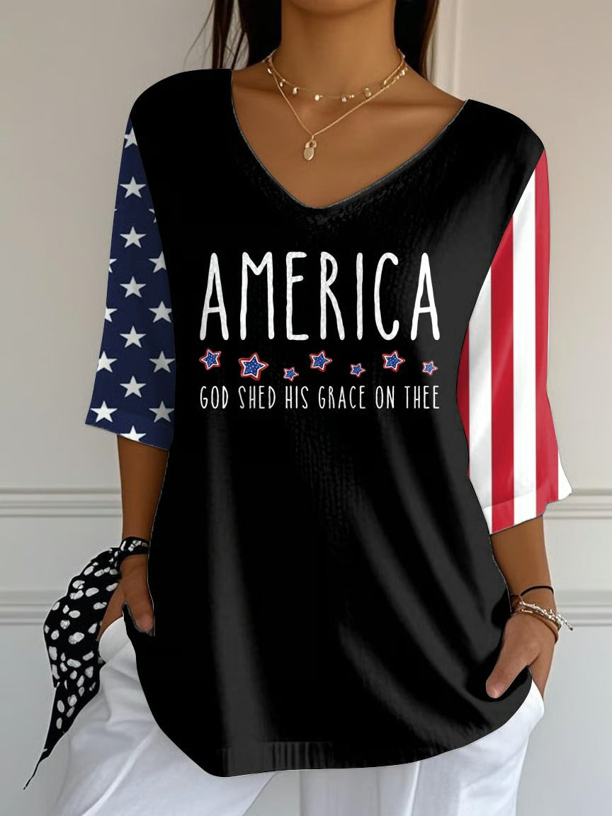 Ladies' Casual 250Th Anniversary Celebration Of The Founding Of The United States, Personalized Printed V-Neck Half Sleeved Top