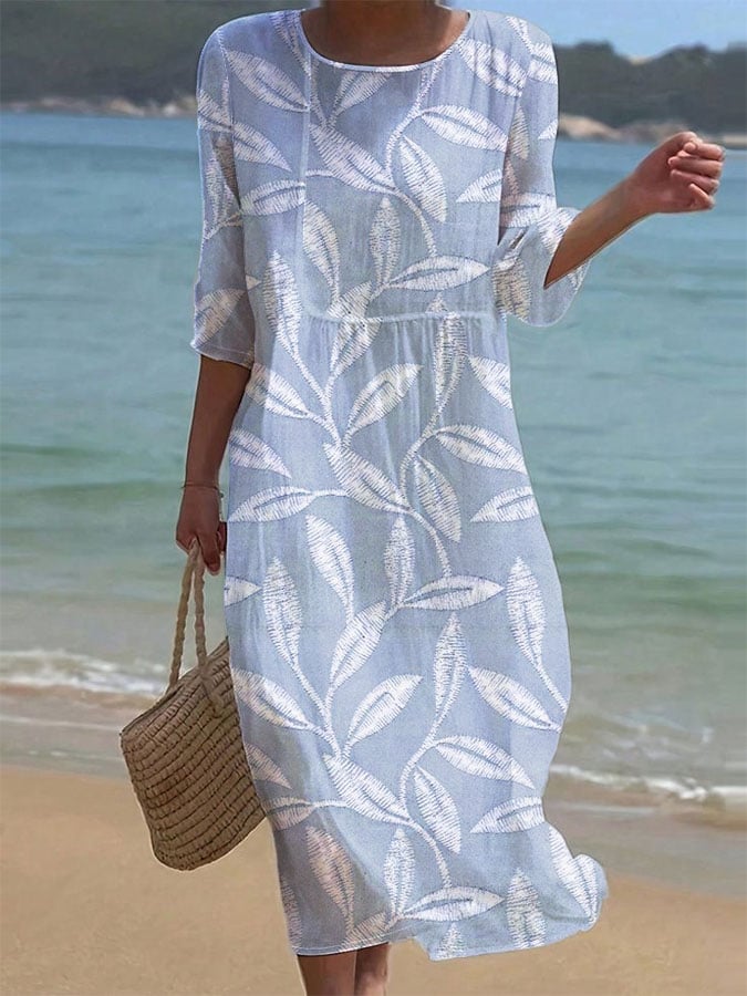 Women's Casual Solid Color Round Neck Mid Sleeve Print Cotton and Linen Dress