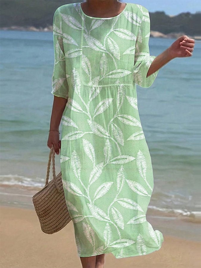 Women's Casual Solid Color Round Neck Mid Sleeve Print Cotton and Linen Dress