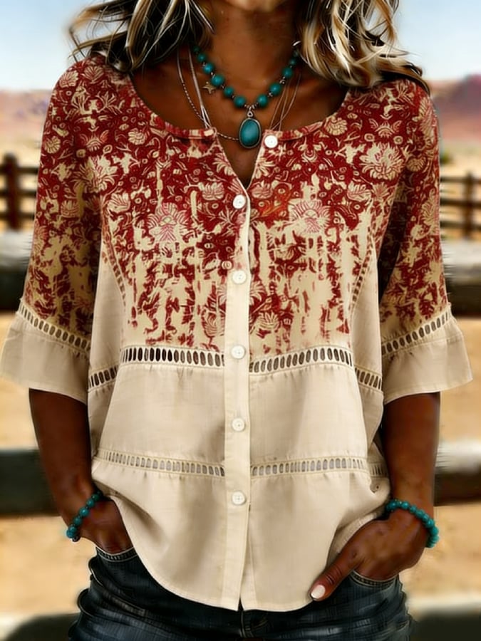 Women's Casual Western Floral Print Cotton Linen Hollow-Out Top
