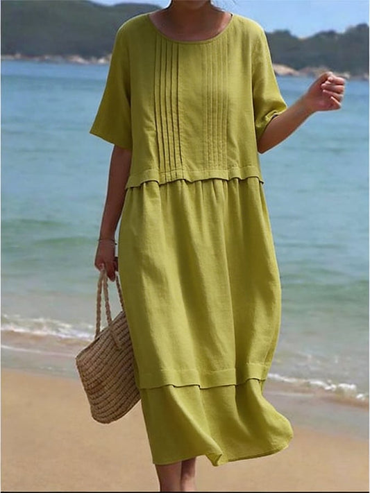Women's Casual Round-Neck Pleated Patchwork Dress