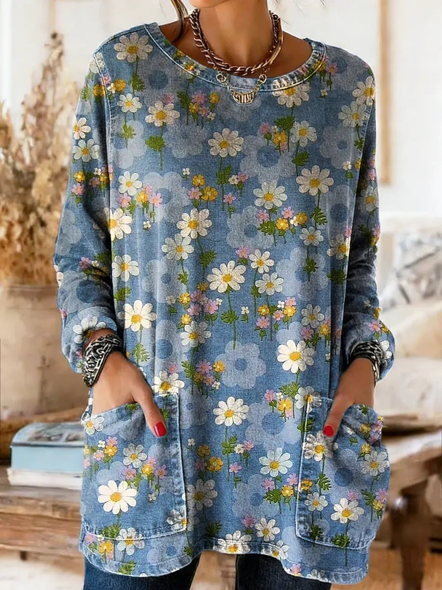 Women's Floral Art Print Casual Long-sleeve Crew Neck Pocket Cotton Denim T-shirt