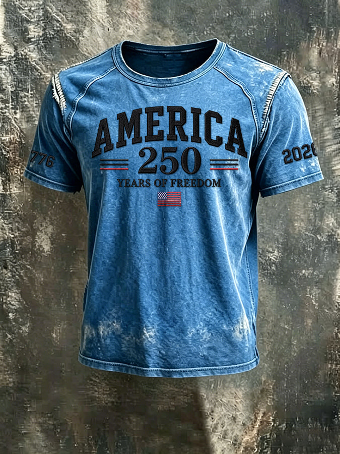 Men'S 250th Anniversary  Casual Washed Cotton And Linen Raglan Short Sleeved T-Shirt