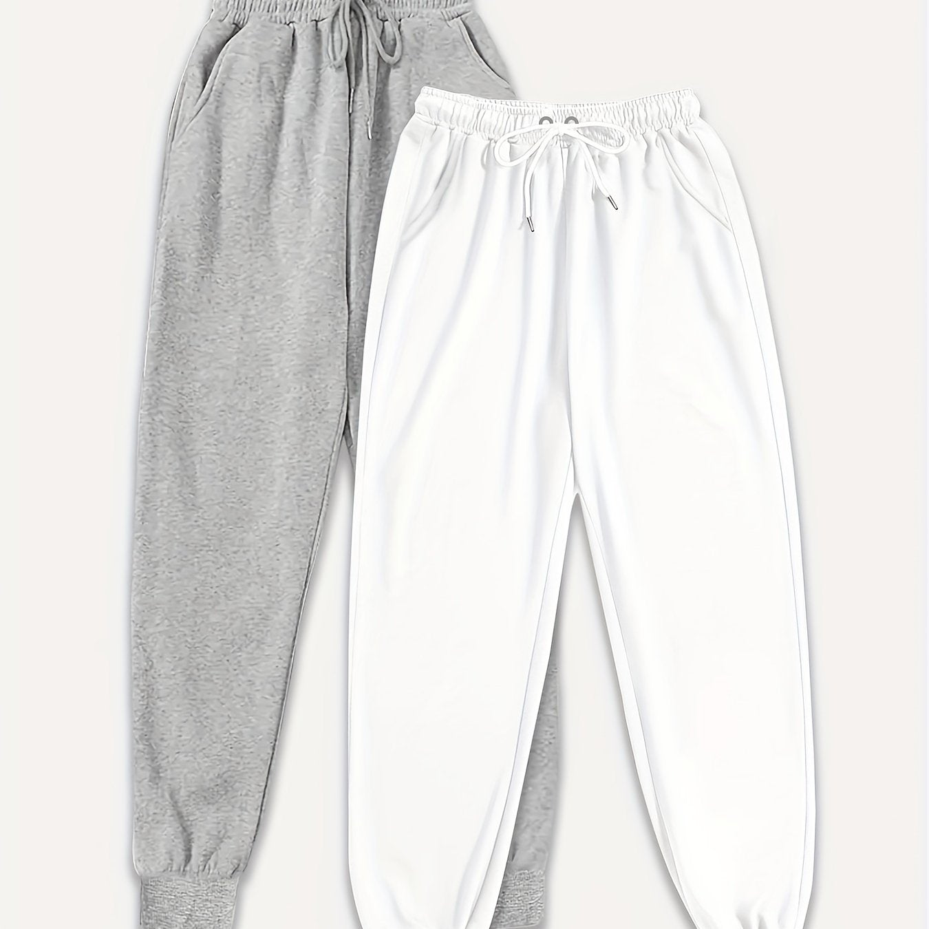 Two Pack Pants, Solid Drawstring High Waisted Sweatpants, Casual Every Day Pants, Women's Clothing