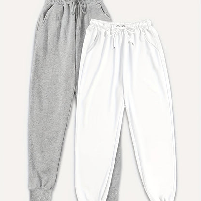 Two Pack Pants, Solid Drawstring High Waisted Sweatpants, Casual Every Day Pants, Women's Clothing