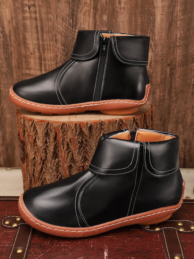 Women Hemmed Zip Casual Plain Round Toe Short Boots With Flat Heel