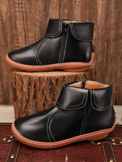 Women Hemmed Zip Casual Plain Round Toe Short Boots With Flat Heel