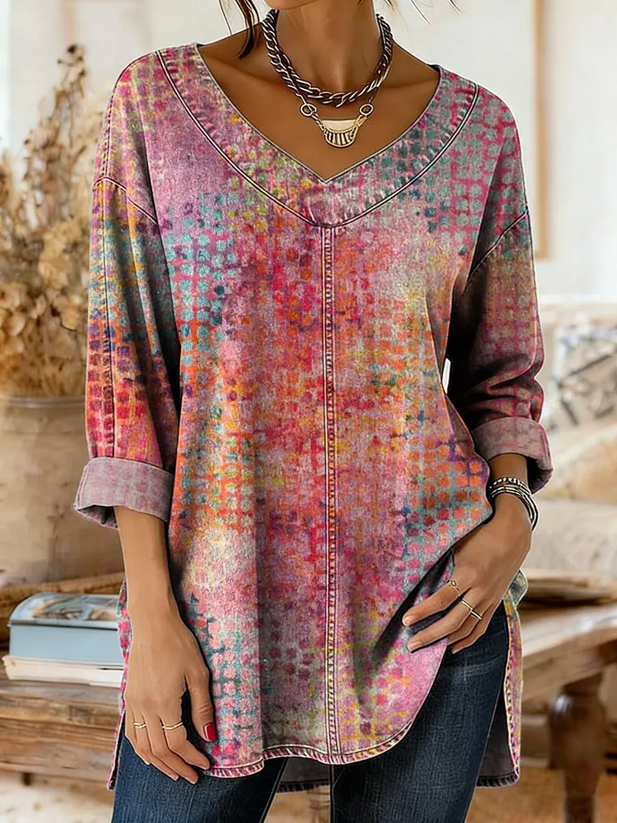 Women's Art-printed Casual Washed Denim Cotton Shirt With Multicolored Gradient Pattern