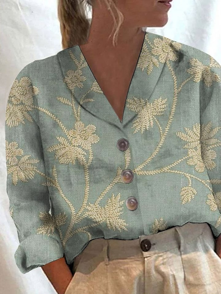 Women's Vintage Floral Art Print Casual Cotton Linen Shirt