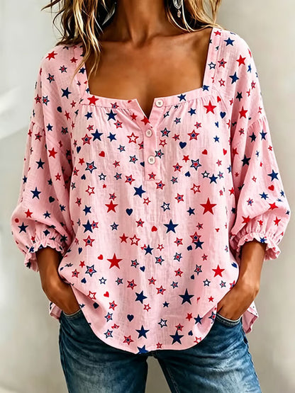 Ladies' Flag Floral Print Casual Cotton And Linen Top