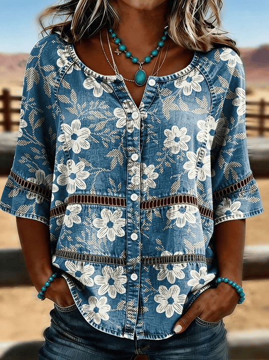 Women's Casual Western Floral Print Cotton Linen Hollow-Out Top
