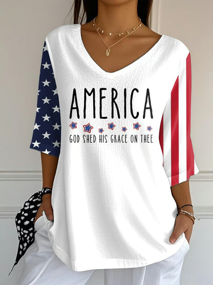 Ladies' Casual 250Th Anniversary Celebration Of The Founding Of The United States, Personalized Printed V-Neck Half Sleeved Top