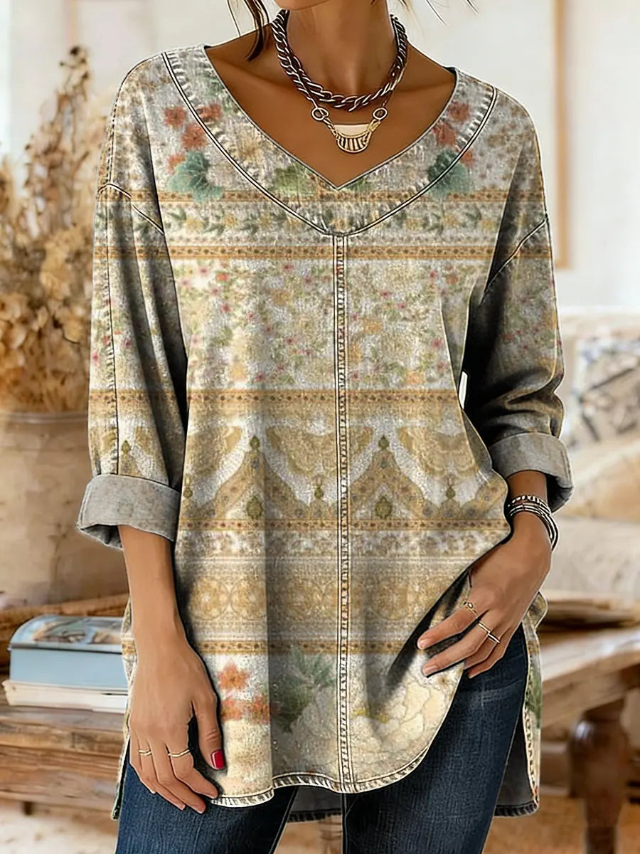 Women's Vintage Floral Print Artistic Washed Denim Cotton Shirt