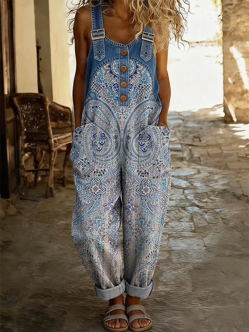 Women's Retro Bohemian Paisley Gradient Art Print Casual Denim Patchwork Jumpsuit