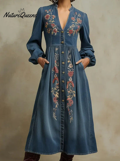 Women's Vintage Floral Denim Cotton Dress