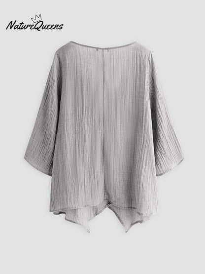 JFN Cotton & Linen Asymmetric Hem Loose Fit Long Sleeve Shirts Tunic Top
