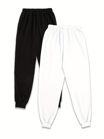 Two Pack Pants, Solid Drawstring High Waisted Sweatpants, Casual Every Day Pants, Women's Clothing