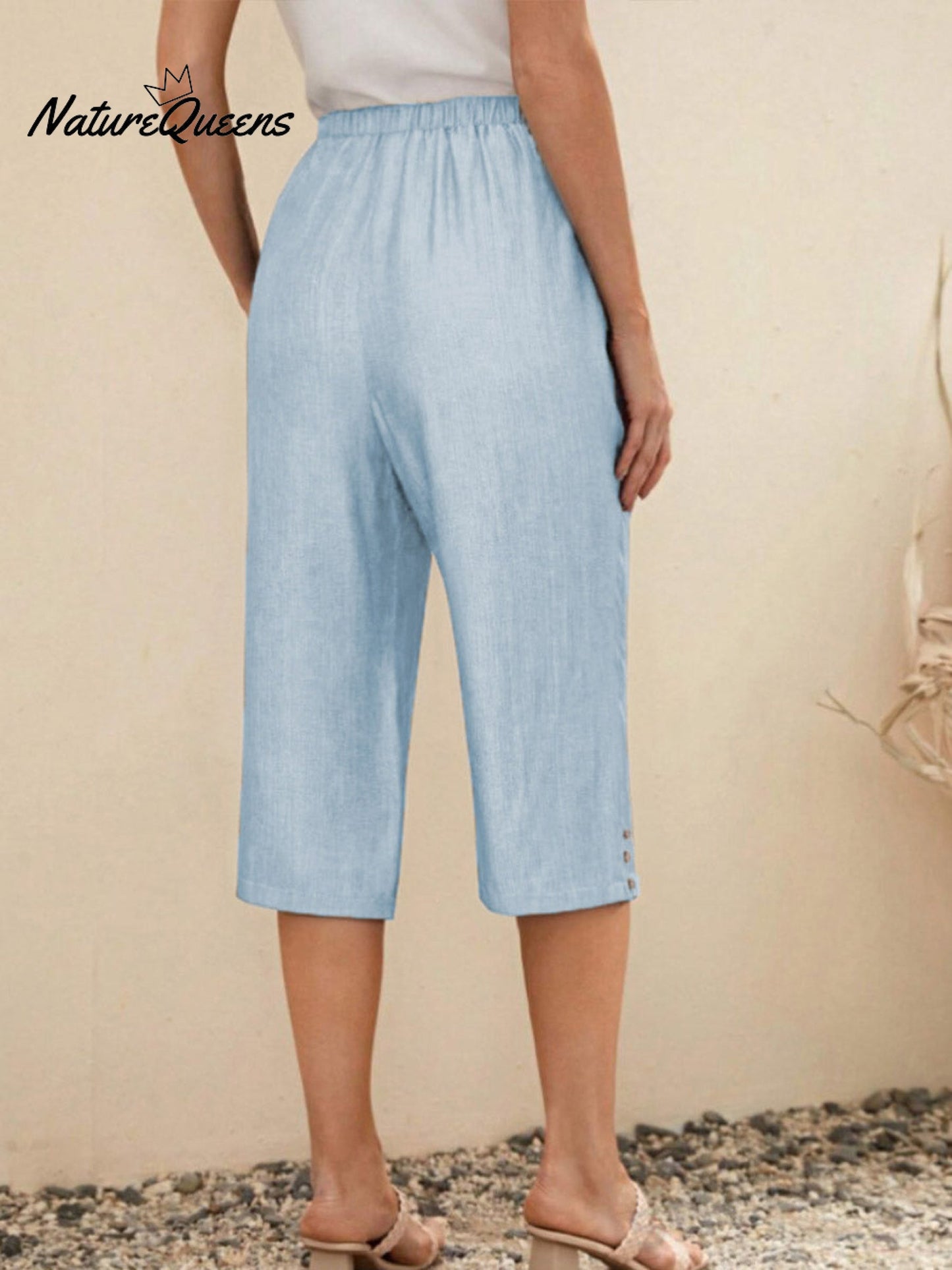 Women's  Solid Color Elastic Waist Lace-up Cropped Casual Pocket Cotton and Linen Wide-leg Pants