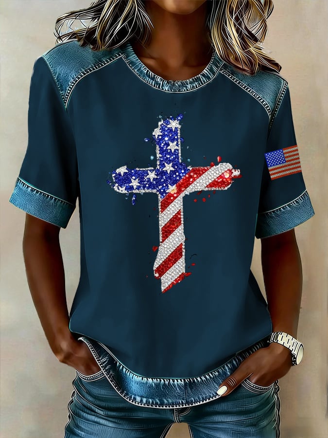 Women's casual retro American patriotic faith T-shirt