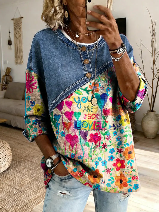 Women's Watercolor Floral Art Print Crew Neck Button-Up Denim Patchwork Top