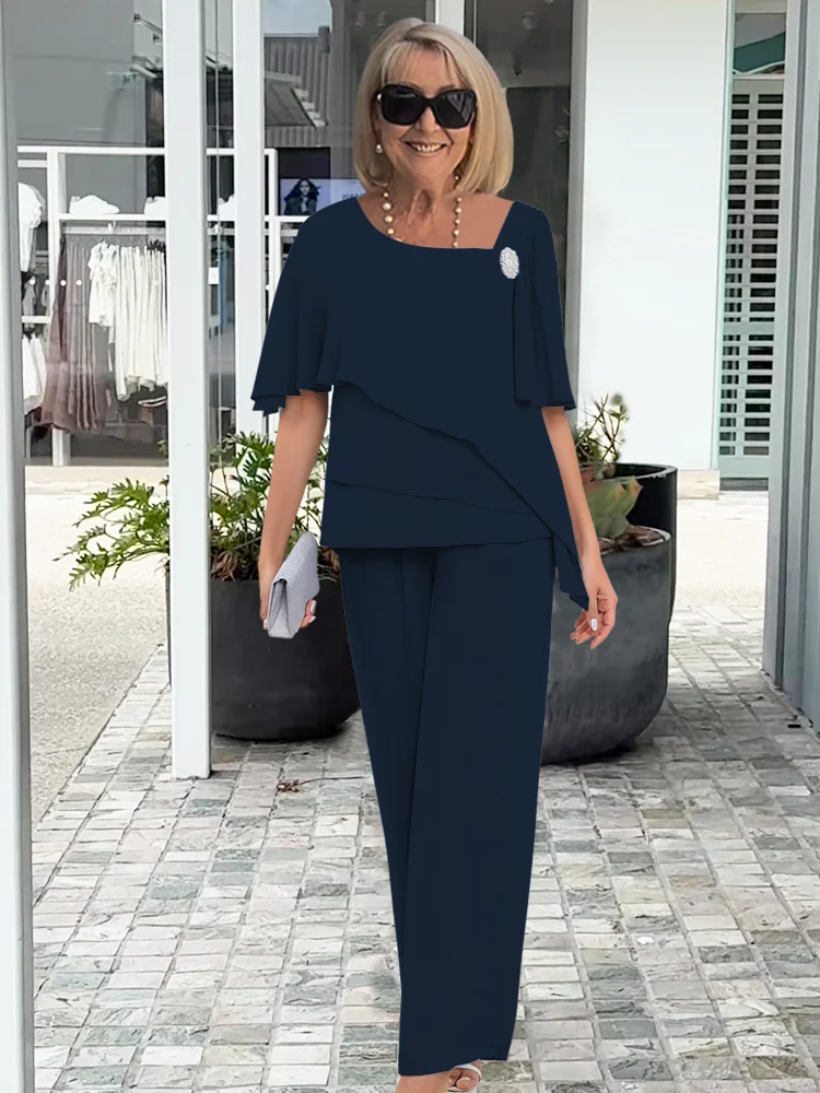 Women'S Chiffon Beaded Rhinestone Slim Wide-Leg Pants Two-Piece Suit