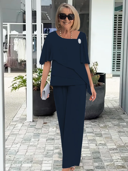 Women'S Chiffon Beaded Rhinestone Slim Wide-Leg Pants Two-Piece Suit
