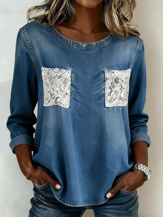 Women's Casual Round Neck Lace Patch Denim Shirt