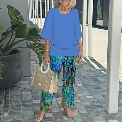 Women's Round Neck Mid-Sleeve Top With Floral Print Pants Set Two-Piece