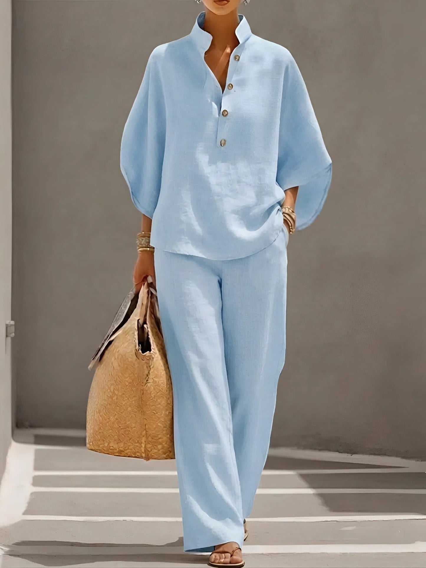 New Arrivals🔥Women’s Batwing Sleeve Linen Cotton Two-Piece Set – Casual Shirt & Wide Leg Pants Outfit