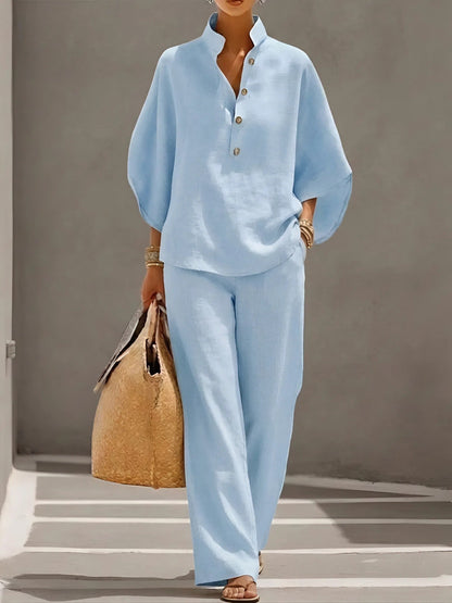 New Arrivals🔥Women’s Batwing Sleeve Linen Cotton Two-Piece Set – Casual Shirt & Wide Leg Pants Outfit