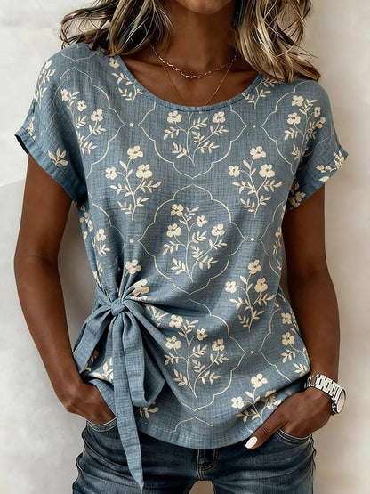 Women's Casual Round-Neck Printed Cotton-Linen Top