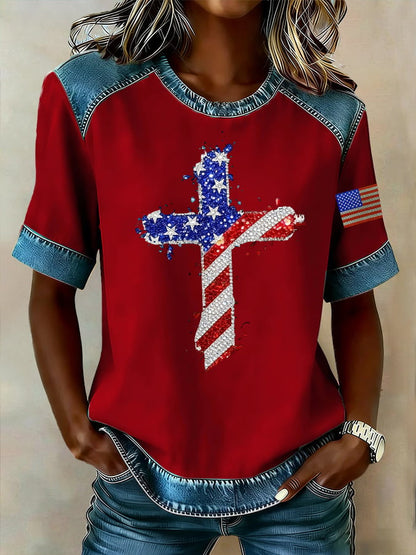 Women's casual retro American patriotic faith T-shirt