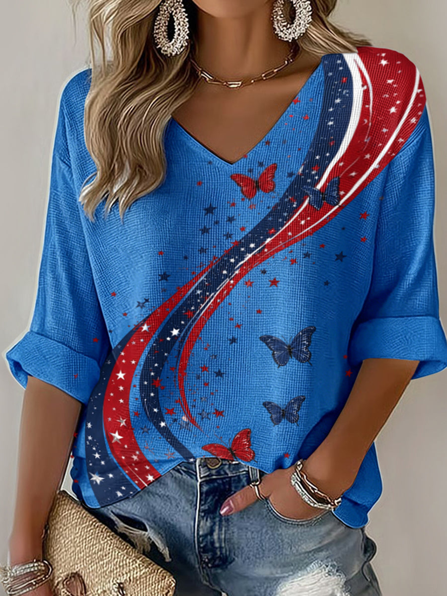 Women's American Flag Printed Casual Waffle Long Sleeve T-shirt