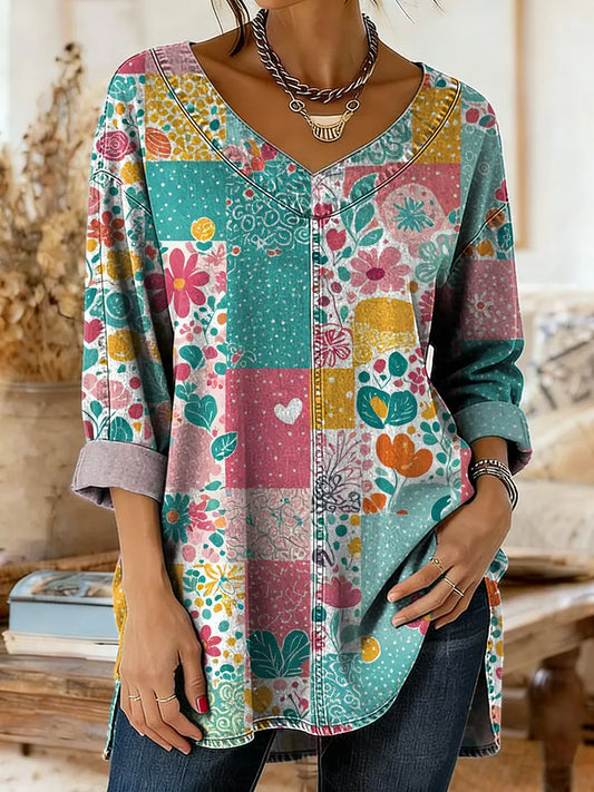 Women's Vintage Colorful Patchwork Pattern Art Print Casual Washed Denim Cotton Top