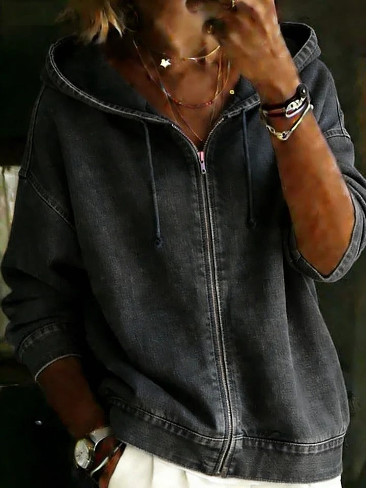 Women's Casual Long Sleeve Denim Zipper Hoodie Coat