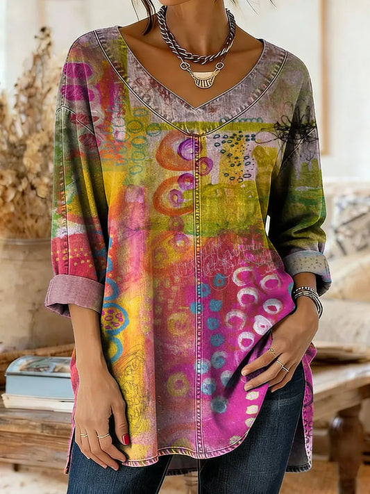 Women's Vintage-patterned Artistic Print Casual Washed Denim Cotton Top