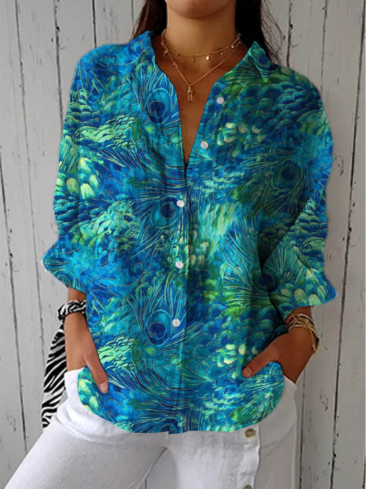 Women's Peacock Feather Pattern Art Print Casual Cotton Linen V-neck Shirt
