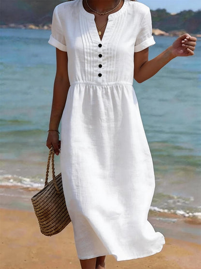 Women's Casual V-Neck Pleated Loose-Fit Dress